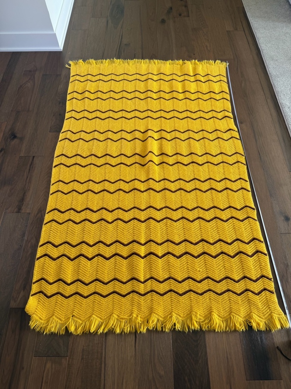 Vintage Handmade Crochet Chevron Ripple Afghan Blanket Yellow Brown Large 76"x48